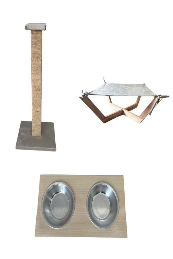 Sonrisa Pets-Cat Scratching and Hammock Bed - Set of 2 Wooden Food Water Bowl 1