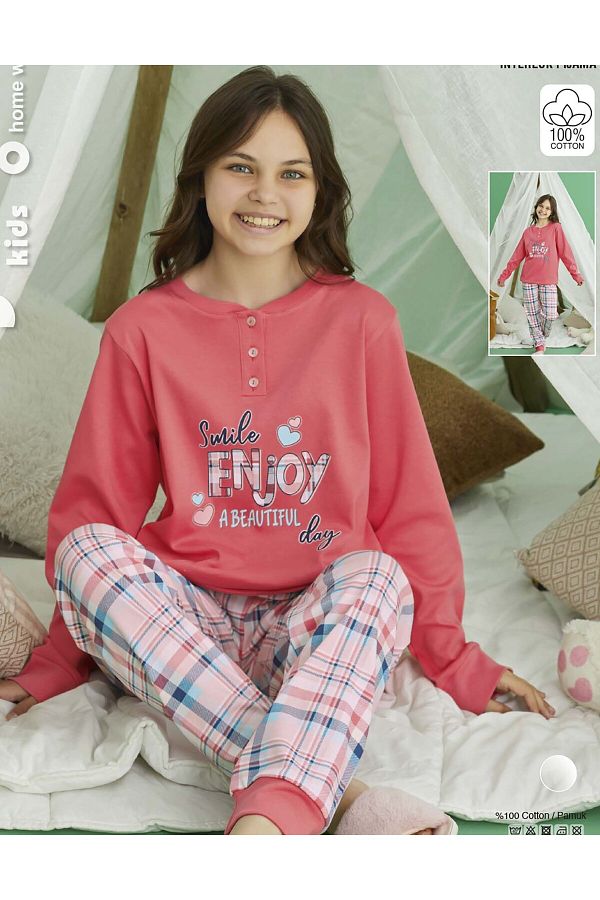 shefox Byaydogan Girl Waiter Long Sleeve Interlock Pajama Set 100 Cotton Trendyol