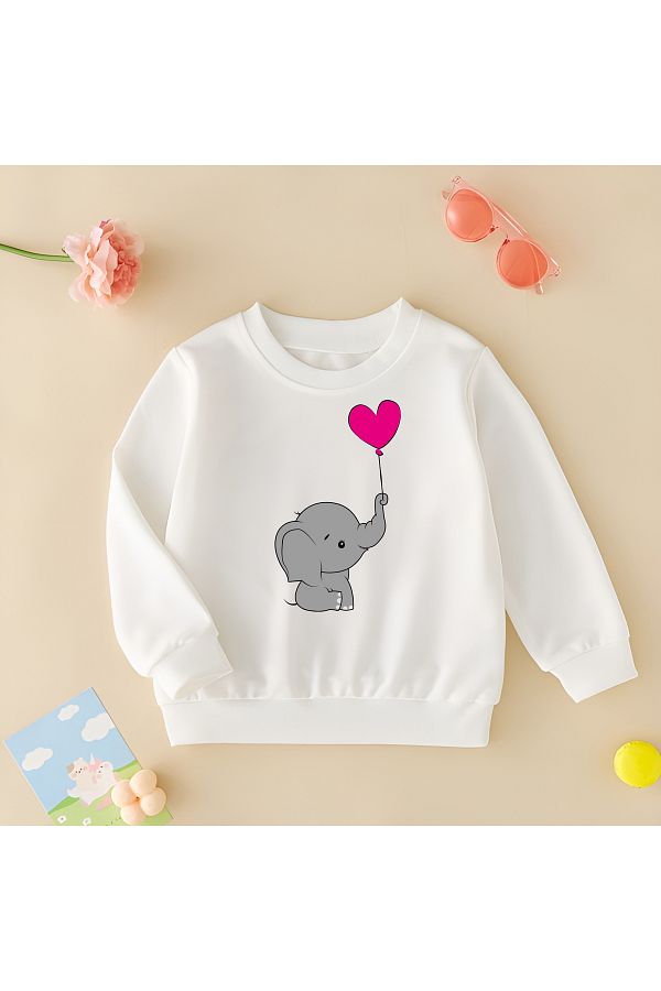 CDA Cute Heart Elephant Unisex Baby Girl White Sweatshirt Trendyol