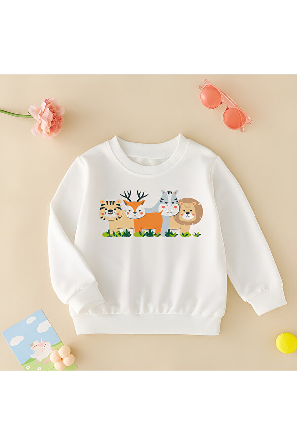 CDA Sevimli Hayvanlar Unisex Kız Erkek Bebek Beyaz Sweatshirt