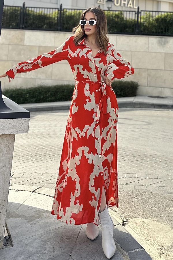New Laviva Red Beige Long Sleeve Belted Slit Viscose Shirt Dress Narrow Fit Trendyol