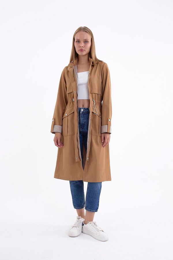 Pobudo Tan Color Hooded Line Lined Trench Coat Trendyol