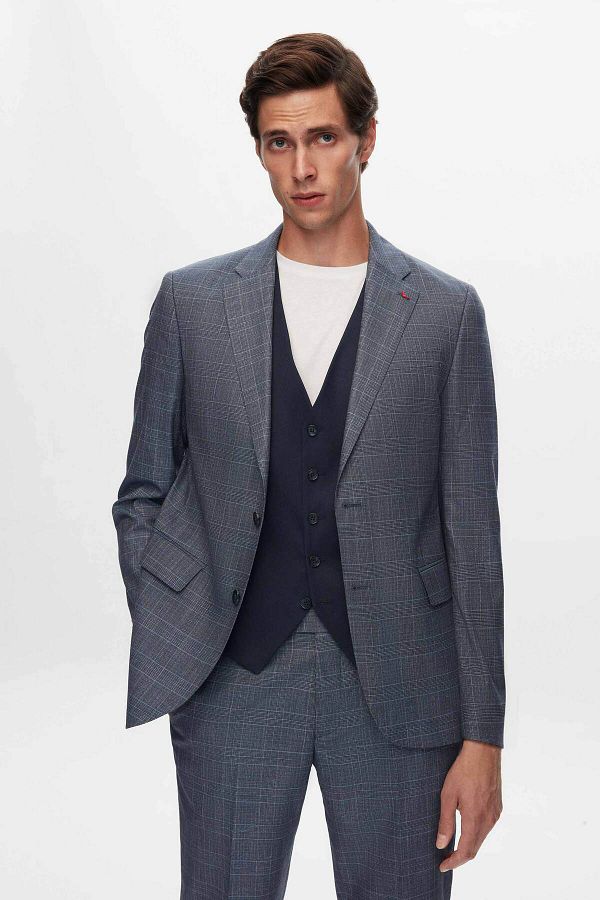 D'S Damat-Ds Damat Slim Fit Navy Blue Plaid Suit with Combination 1