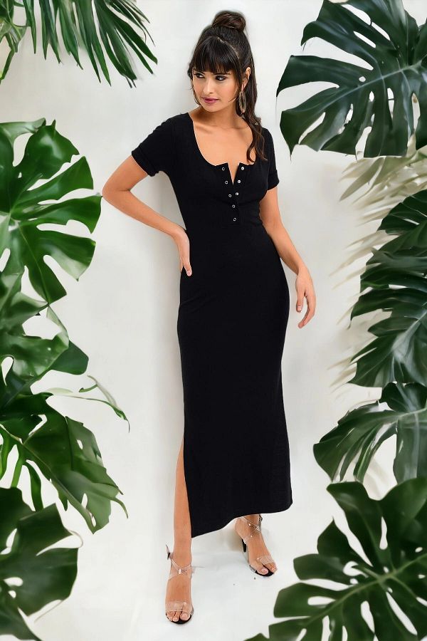 New Laviva Women s Black Square Neck Half Sleeve Slit Detailed Buttoned Body Fit Cut Out Long Casual Dress Trendyol