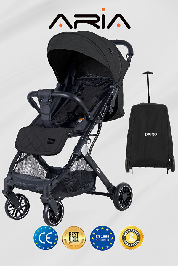 Prego Aria Siyah Hafif Tek Elle Katlanır Kabin Boy Bebek Arabası Yağmurluk ve Çanta