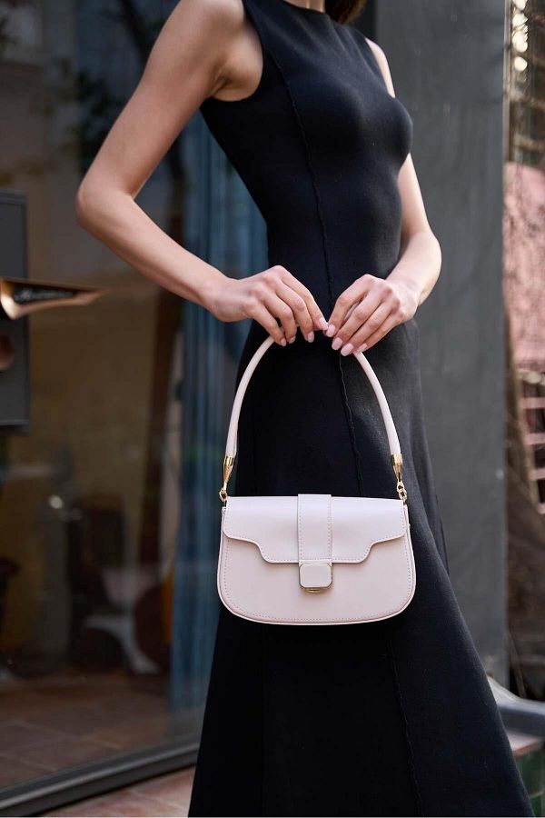 Madamra Cream Women s Short Handle Shoulder Bag with Gold Accessories Trendyol