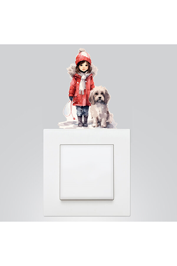 Bimotif Yılbaşı Priz Sticker 9x12 Cm, Kız Çocuğu Ve Köpek 5 Adet