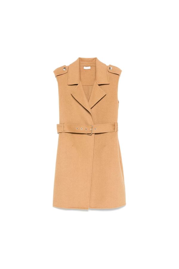 Liu Jo-Women's Sleeveless Shirt Collar Belt Detailed Beige Jacket Wf4062 T4627-71320 1