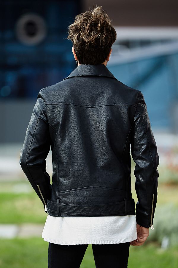 See Star Men s Fur Lined Black Leather Jacket Coat Trendyol