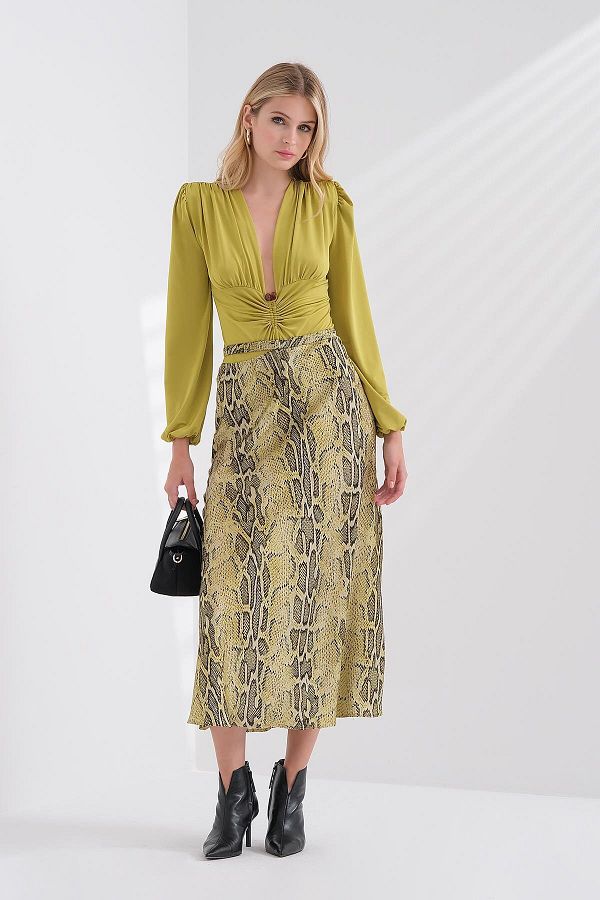EXPLOSION-Python Patterned Cut Out Detailed Satin Midi Skirt 1