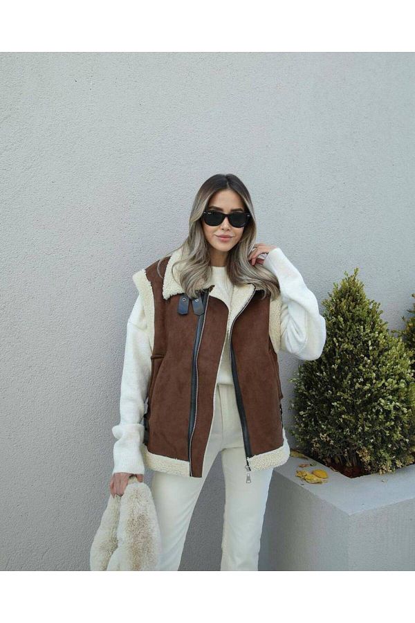 Moda Mix Avcılar-Pelzige Wildleder-Look-Weste für Damen 1
