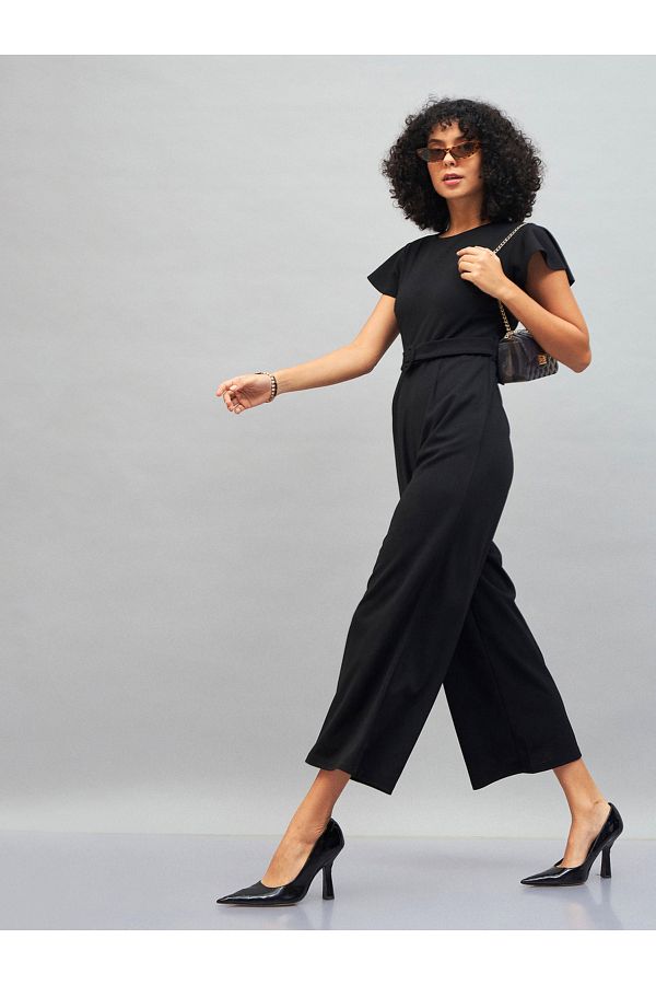 Sassafras By Styli Solid Belted Jumpsuit with Short Sleeves Trendyol