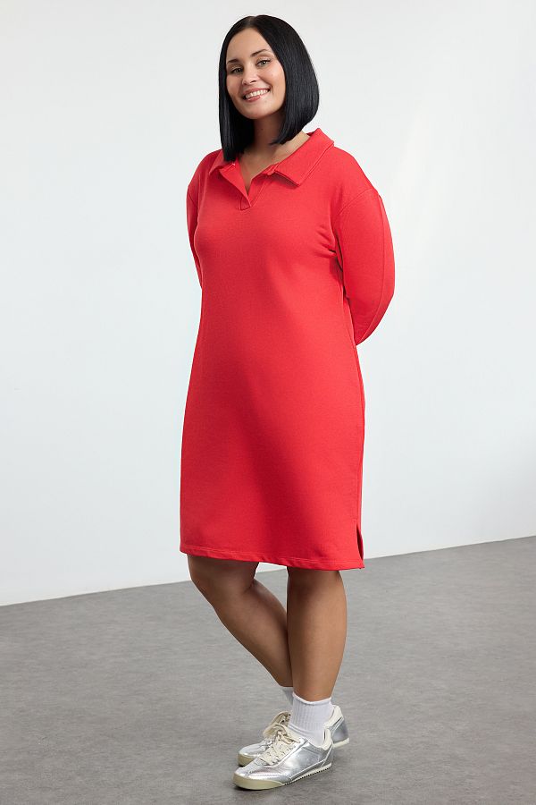 Trendyol Curve Red 2 Thread Rasterless Polo Neck Knitted Plus Size Sweatshirt Dress Tbbaw25Ah00104