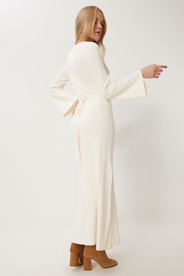 Happiness İstanbul-Women's Bone Belted Corded Long Knitwear Dress Kİ00108 1