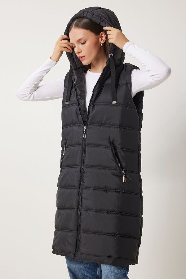 Happiness İstanbul-Schwarze, ärmellose Pufferweste mit Kapuze für Damen DD01010 1