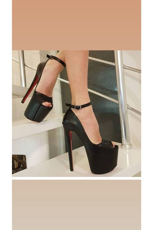 Tarz Women s Front Platform 75 ml Black Leather Platform Heels Trendyol