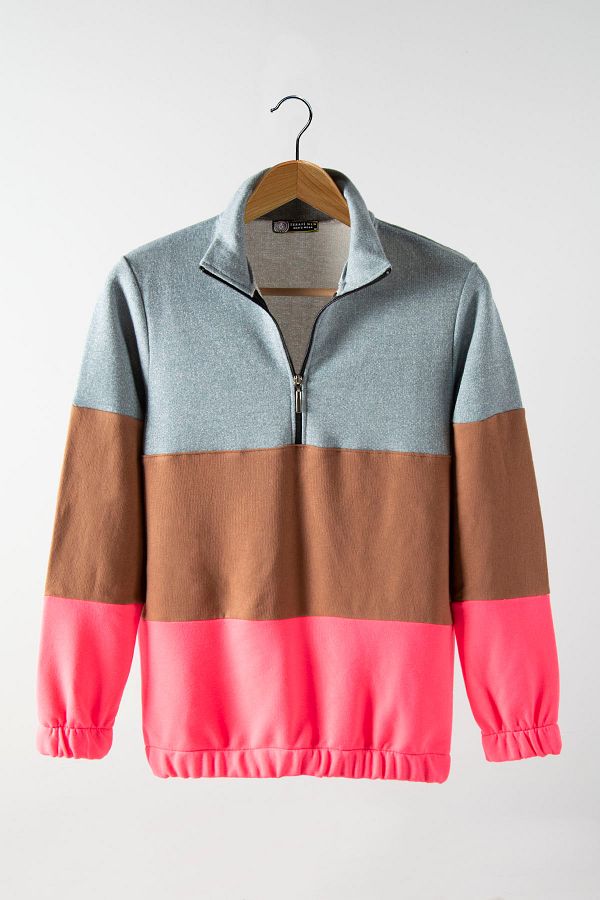 VEAVEN-Gray, Brown and Fuchsia Three-Block Unisex Trendy Model Sweatshirt - Half Zipper, Comfortable Fit 1