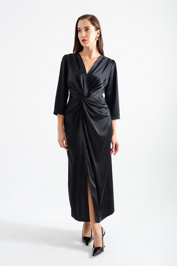 Lafaba-Schwarzes Midikleid mit V-Ausschnitt für Damen 1
