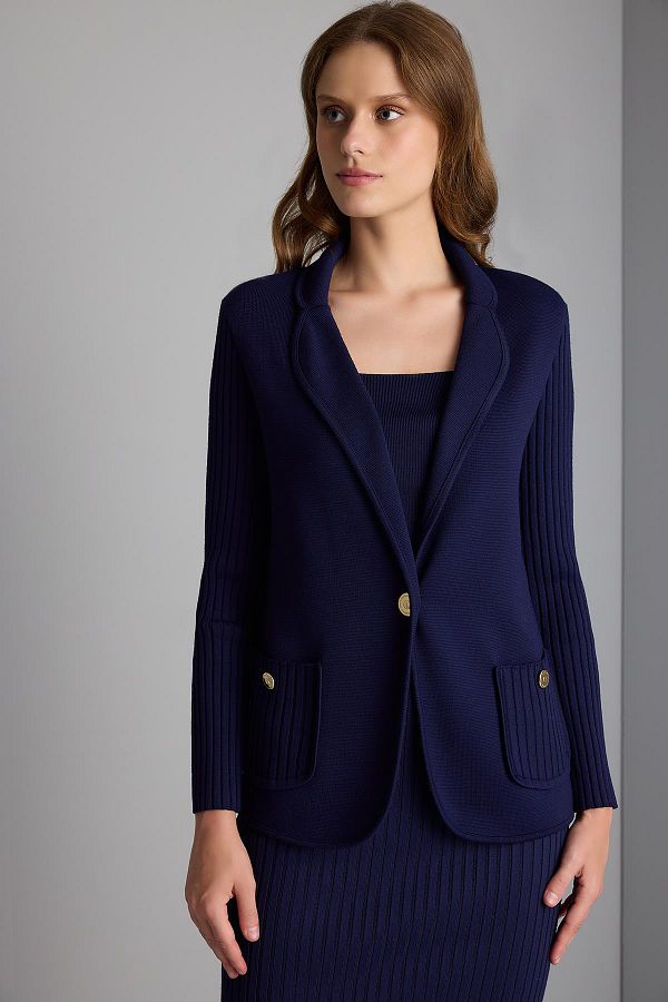 Join Us Navy Blue Knitwear Blazer Jacket with Ribbed Sleeves Trendyol