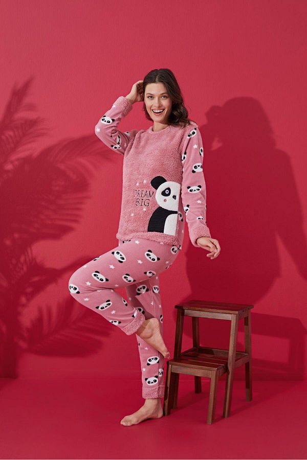 m marlo Pink Panda Patterned Women s Plush Pajama Set Trendyol