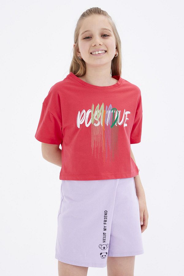 Tommy Life Rose Colored Text Printed O Neck Oversize Low Shoulder Girl s Crop T shirt 75036 Trendyol
