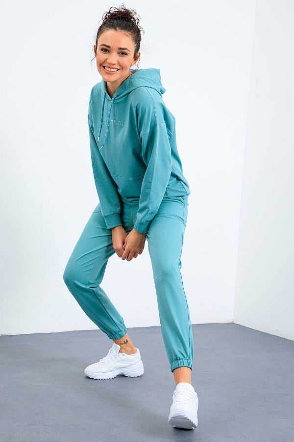 Tommy Life Mint Green Oversize Hooded Women s Tracksuit Set Kangaroo Pocket Rubber Leg 95288 Trendyol