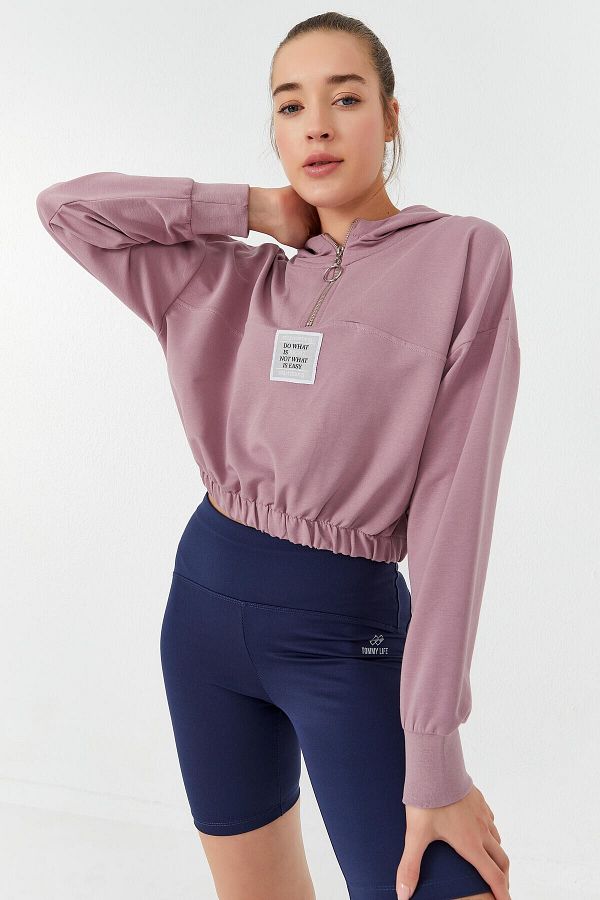 Tommy Life Dried Rose Gathered Waist Hooded Half Zipper Comfortable Form Women s Crop Top Sweatshirt 97 Trendyol