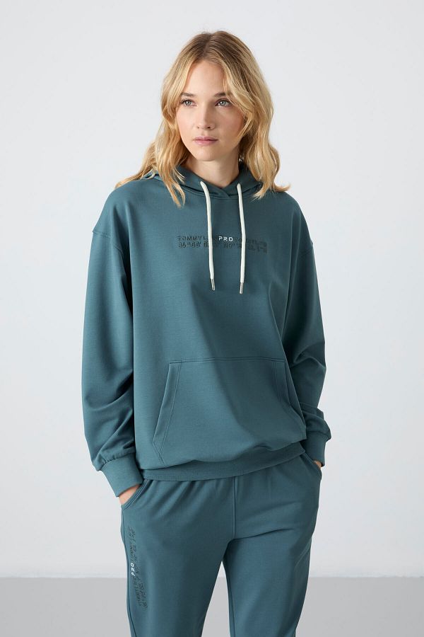 Tommy Life Forest Green Oversize Women s Tracksuit Set Hooded Elastic Leg Kangaroo Pocket 95288 Trendyol