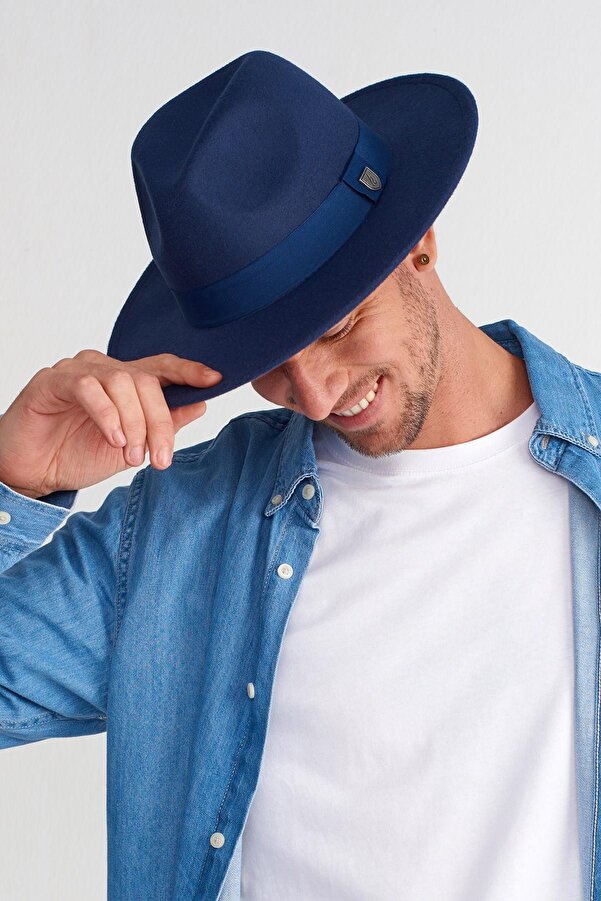 Blue Fedora Navy Blue Panama Hat Fedora Mens Wool Felt Hat In Navy - Main Image