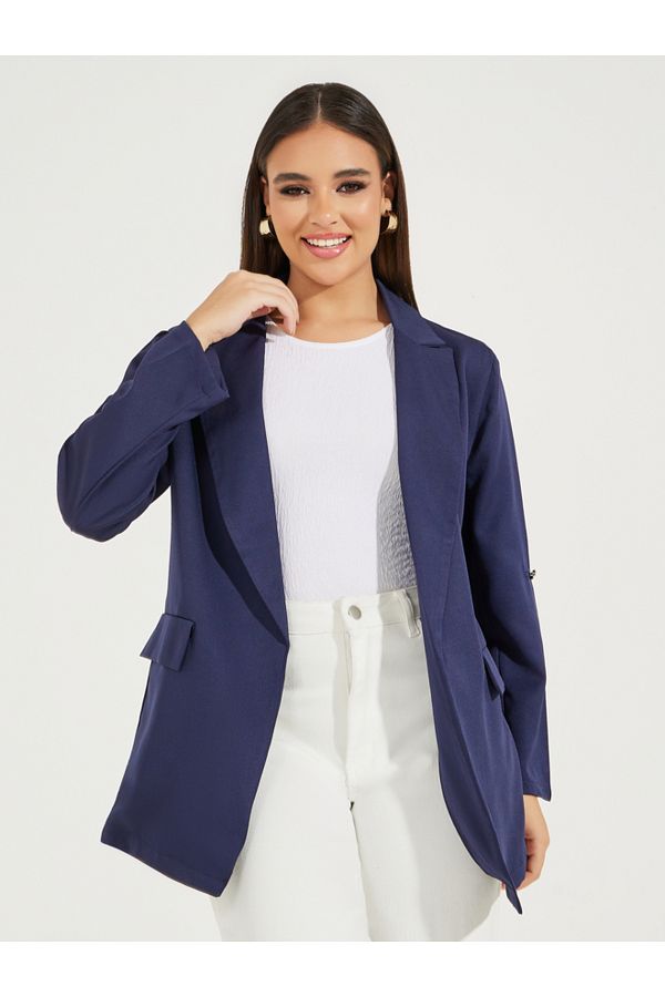 Styli-Regular Fit Longline Blazer with Roll-Up Sleeves 1
