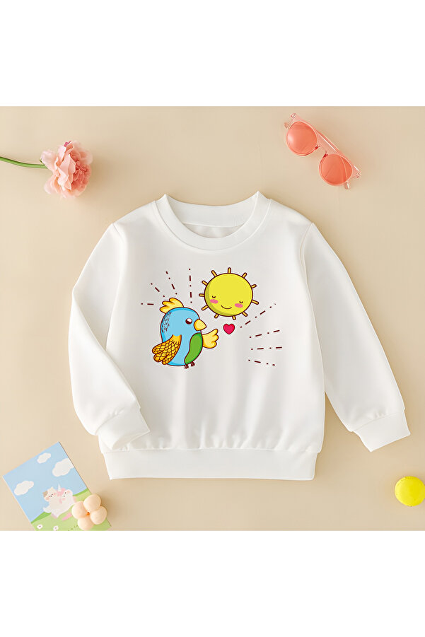 CDA Papağan ve Güneş Unisex Kız Erkek Bebek Beyaz Sweatshirt