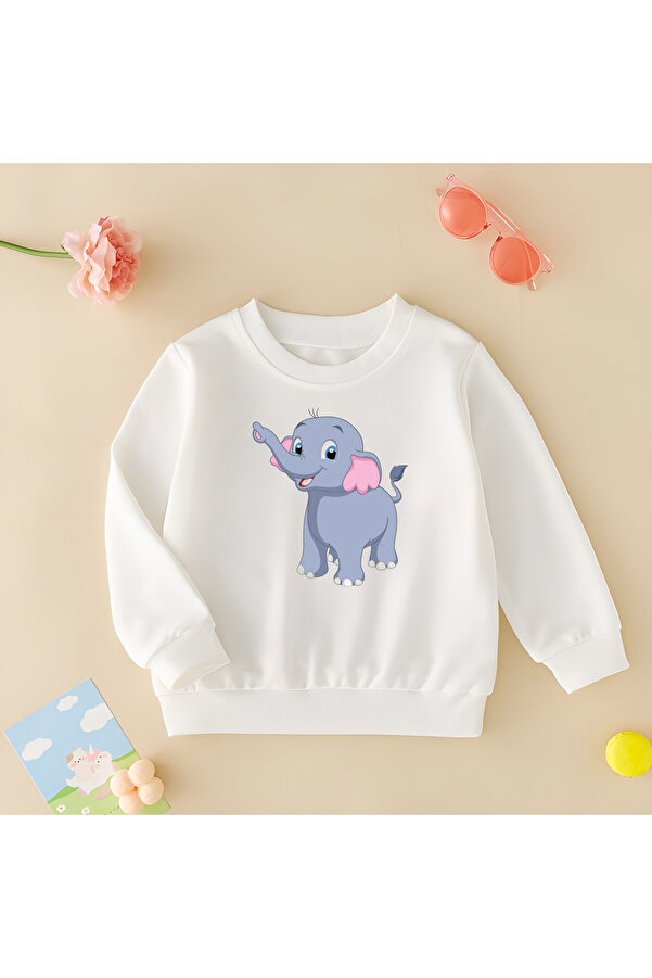 CDA Sevimli Yavru Fil Unisex Kız Erkek Bebek Beyaz Sweatshirt