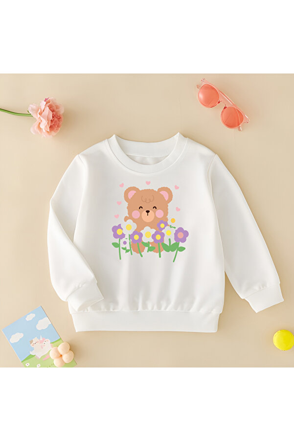 CDA Sevimli Ayı ve Çiçekler Unisex Kız Erkek Bebek Beyaz Sweatshirt