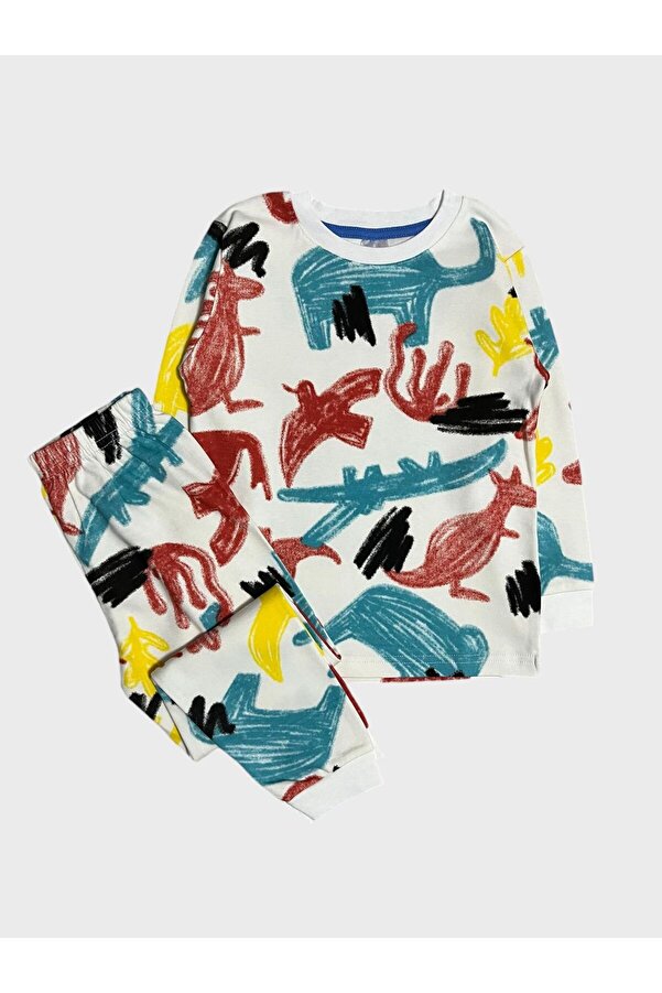 elmas kids Erkek Çocuk Beyaz Renkli Hayvan Desenli Deve-fil-timsah Uzun Kollu %100 Pamuklu Pijama Takımı