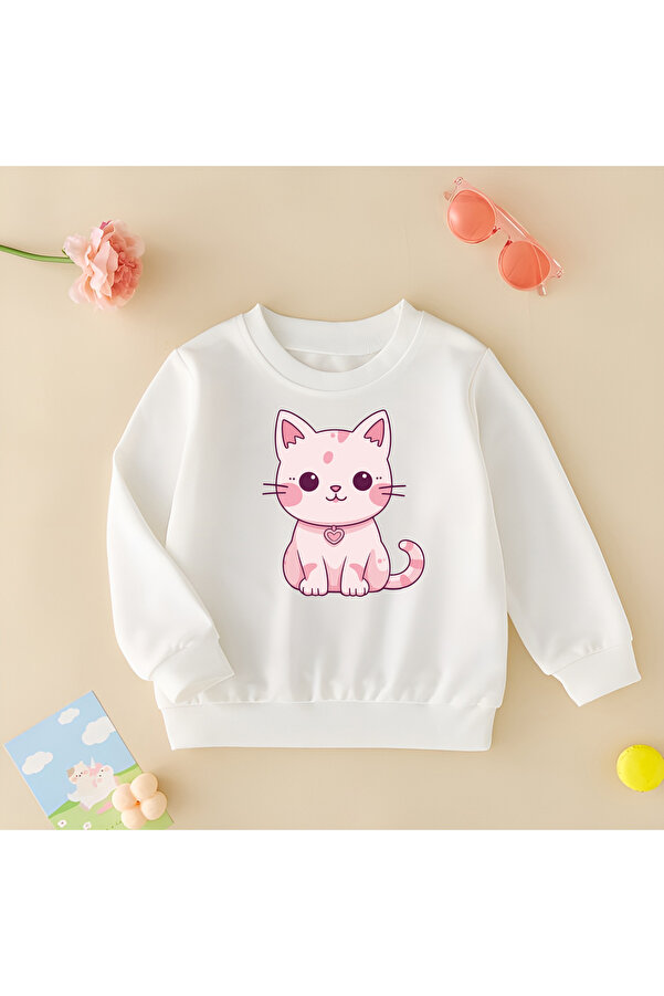 CDA Sevimli Pembe Kedi Unisex Kız Erkek Bebek Beyaz Sweatshirt