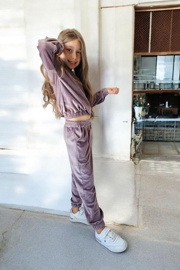 QUB CLUB Girl s Purple Velvet Tracksuit Set You Can Choose 2 Size Larger Trendyol