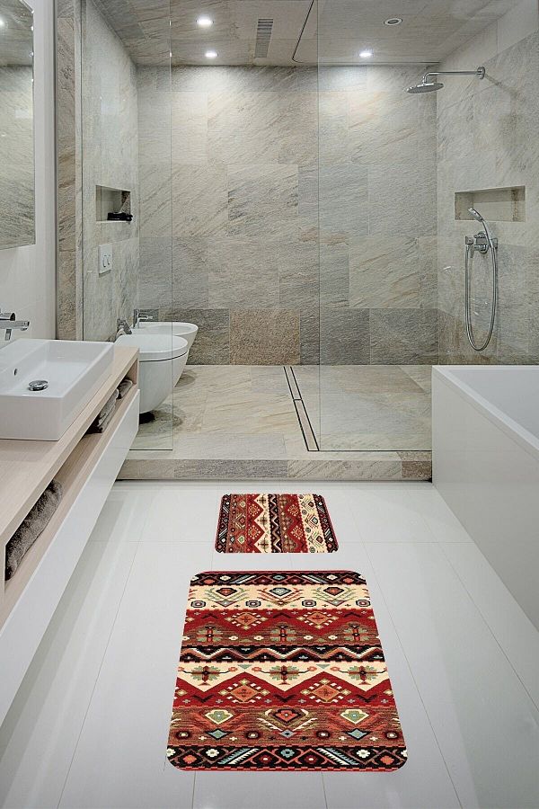 Pelangi-Ethnic Rug Patterned Bathroom Rug Double Toilet Seat with Non-Slip Base Bath Mat Set 1