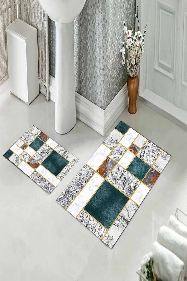 Pelangi-Color Block Bathroom Rug and Toilet Seat Set with Non-Slip Base (60 cm X 100 cm + 40 cm X 60 cm) 1