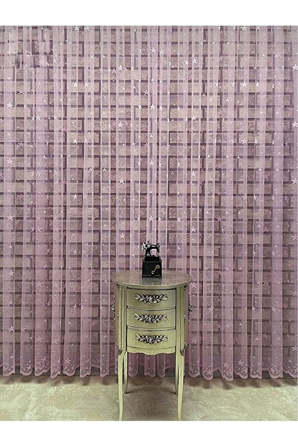 GOGOPERDE Çocuk Odası Yıldızlı Pembe Renk Modern Tül Perde 1/2 Pileli