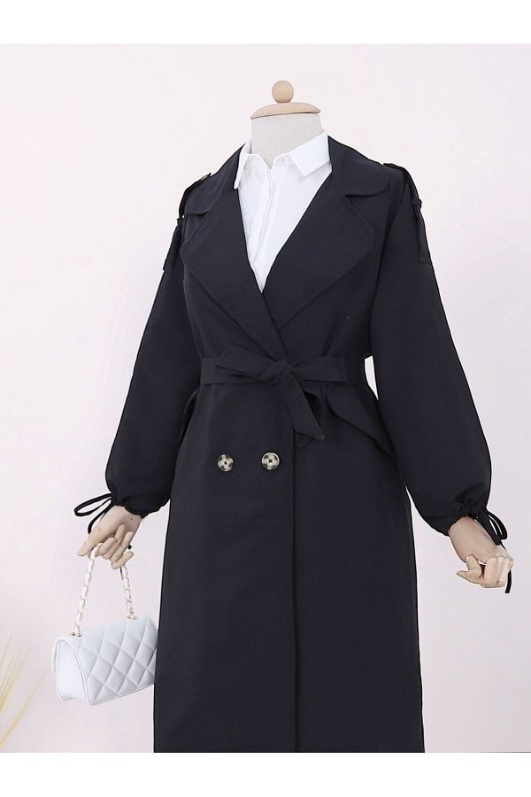 Modamorfo-Black Clamshell Trench Coat with Pockets and Laces 1