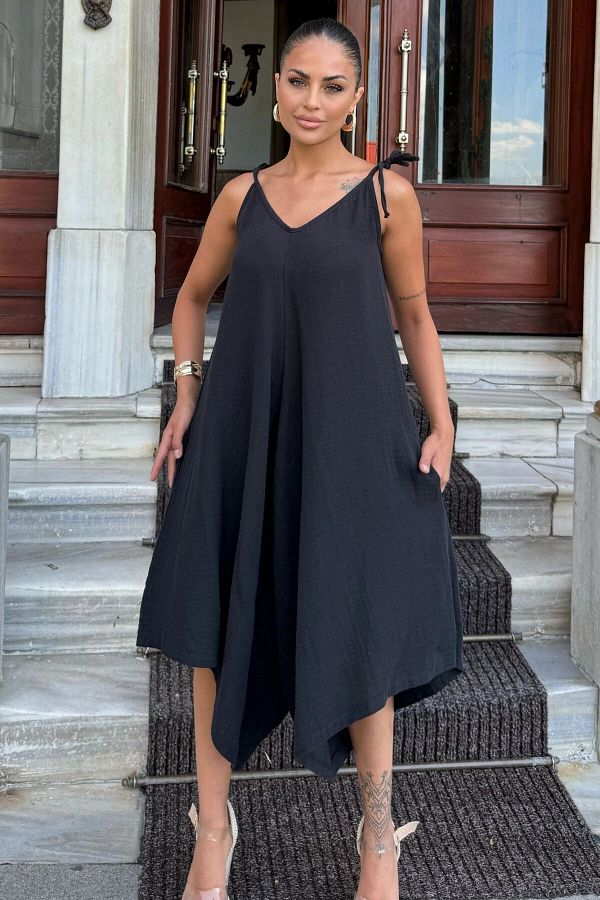 New Laviva Black Muslin Women s Jumpsuit Rope Strap Asymmetric Cut Anti Sweat and Loose Trendyol