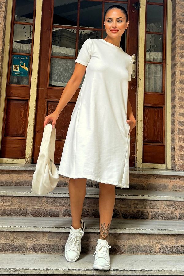 New Laviva Ecru Women s Casual Dress Round Neck Short Sleeve Knee Length Flowy A Line Trendyol