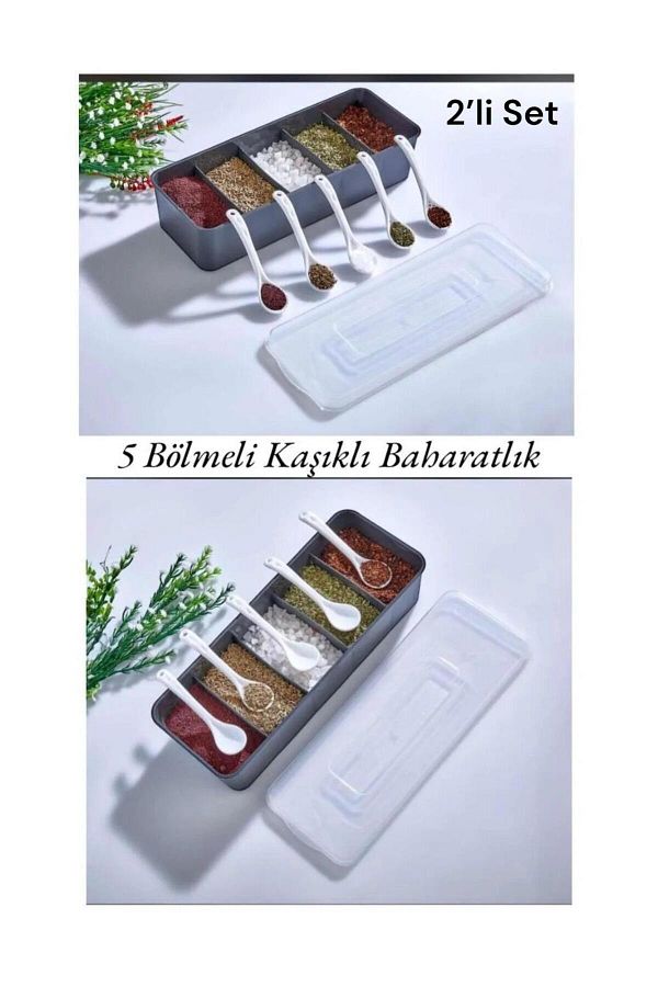 Bayev-Mario Patterned Spice Storage Set with 2 Spoons and 5 Compartments - Tabletop Spice Box 1