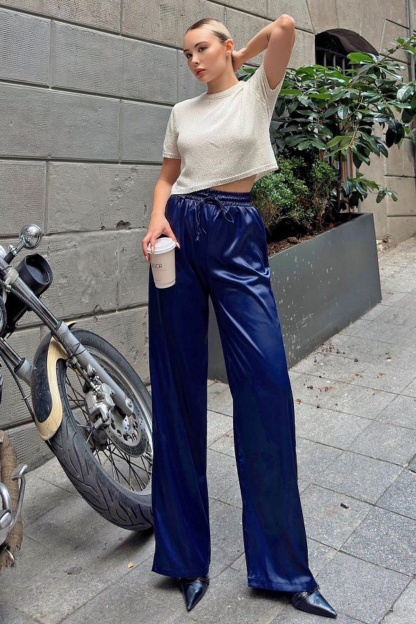 Swist-Marineblaue Damen-Satin-Hose mit gerader Taille und Kordelzug und hoher Taille 1