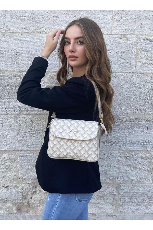 Piedra-White Gray Color Three-Dimensional Patterned Design New Season Women's Bag with Plenty of Eyelets and Zipper Shoulder Strap 1