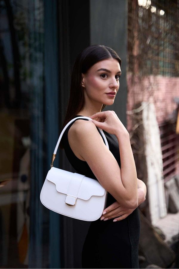 Madamra White Women s Short Handle Shoulder Bag with Gold Accessories Trendyol