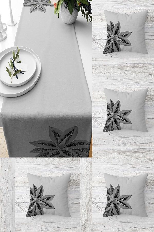 uygun dekor-Sequin Patterned Lotus Flower Patterned Table Different Models Decorative Set of 4 Throw Pillow Covers 1
