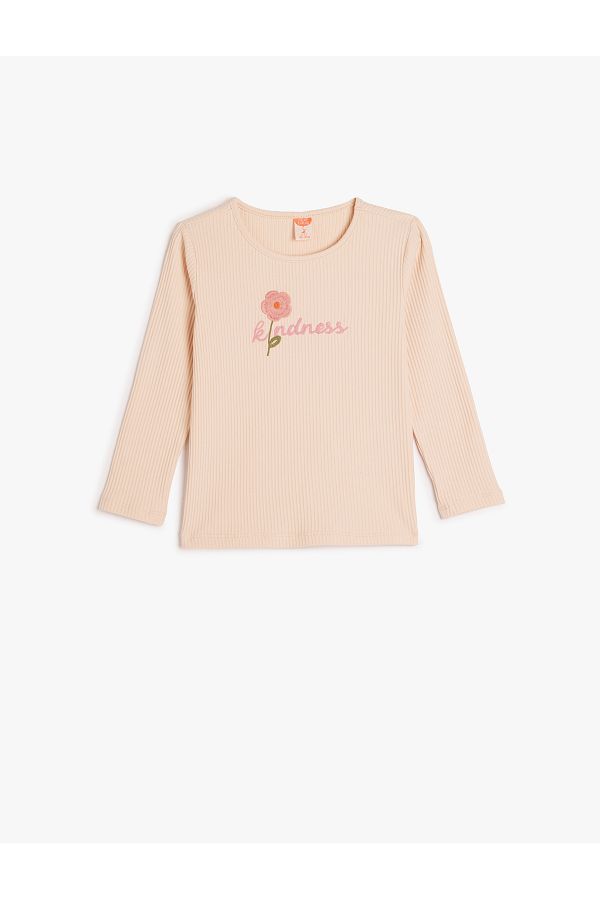 Koton-Long Sleeve Floral Embroidered Cotton T-Shirt - Crew Neck 1