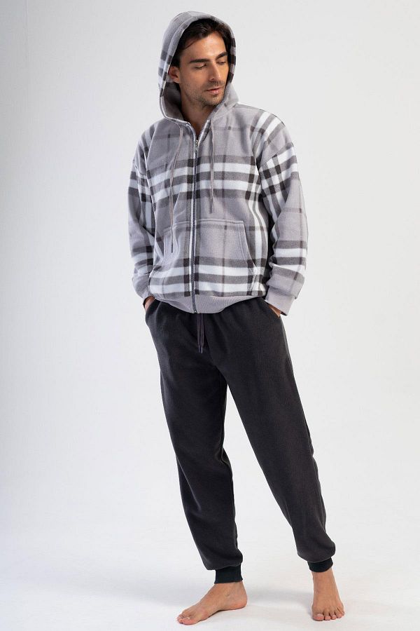 VİENETTA-Men's Long Sleeve Hooded Zippered Fleece Gray Pajamas Suit C8T5N0O304 1