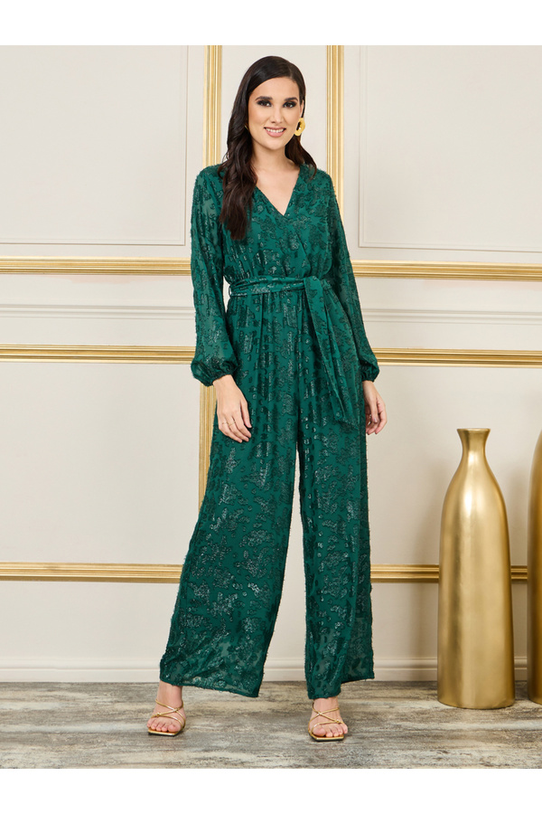 Styli-Burnout Lurex Texture Wide Leg Jumpsuit with Self Tie Up 1